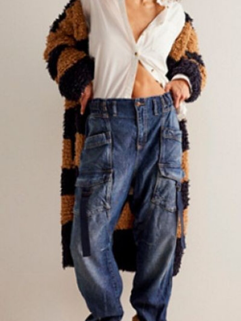 We The Free Relaxed Blue Denim Cargo Hazel Jeans ,D-ring Straps SzXL